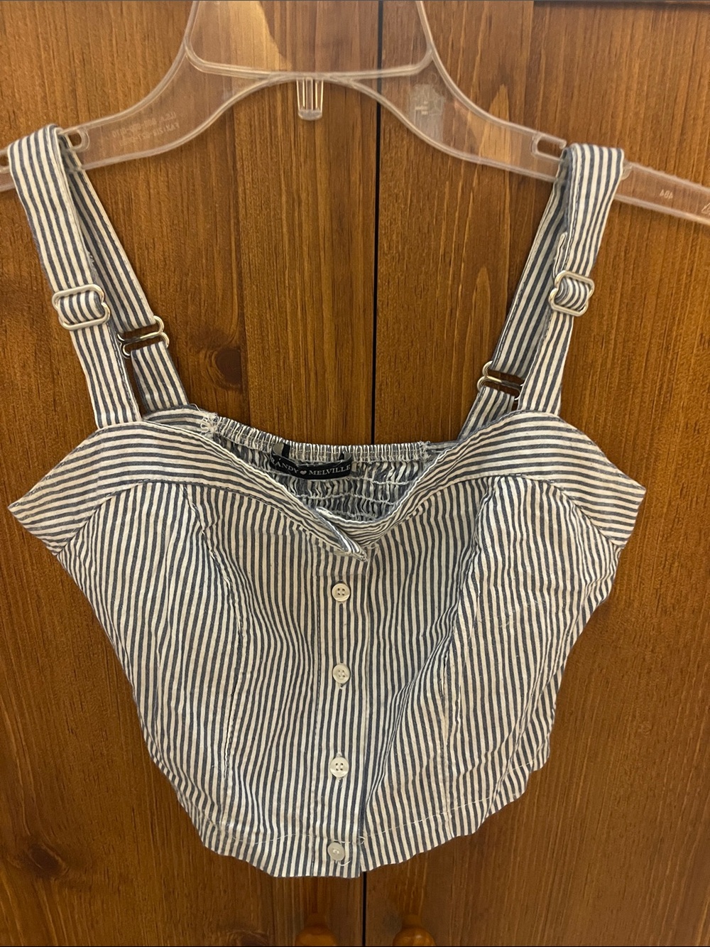 Striped Blue and White Button-Front Crop Top with Adjustable Straps